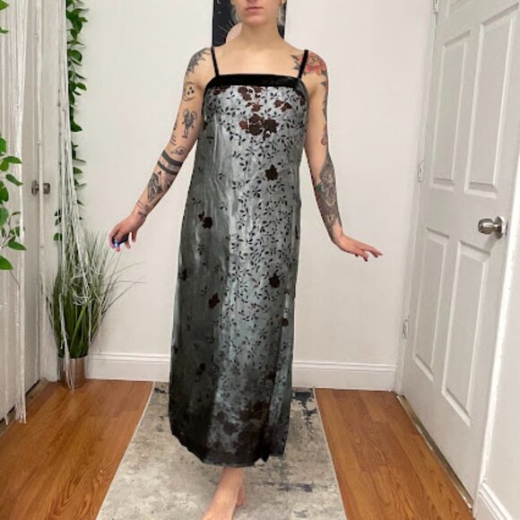 Y2K Andrea Rosati Sleeveless Floral Maxi Dress Square Neck Size 6 Gray/Black - Picture 3 of 14